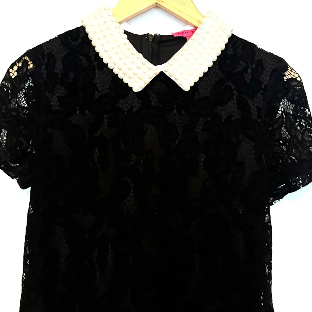 Betsey Johnson Wednesday Addams Inspired Lace Dress Faux Pearl Collar Size 4